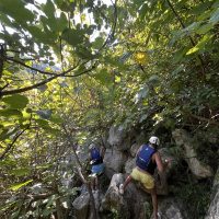 Vesela ekipa u čamcu spušta se niz brze dijelove rijeke, okruženi zelenilom Grupa prijatelja uživa u raftingu na rijeci Cetini blizu Splita